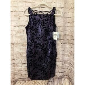CDC Petites Dress Womens 8 Purple Floral Satin & Velvet Sheath Strappy Career
